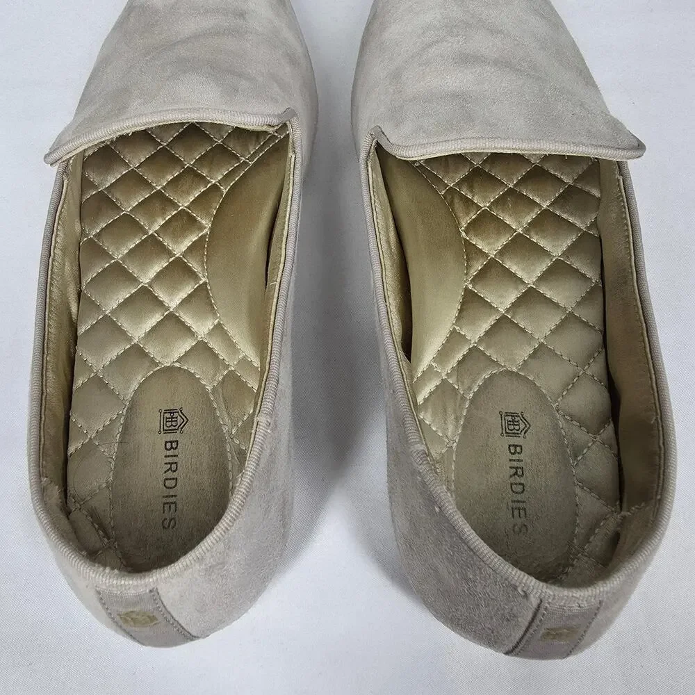 BIRDIES WOMEN'S BEIGE SUEDE LEATHER SLIP-ON FLATS – SIZE 7 – QUILTED INSOLE